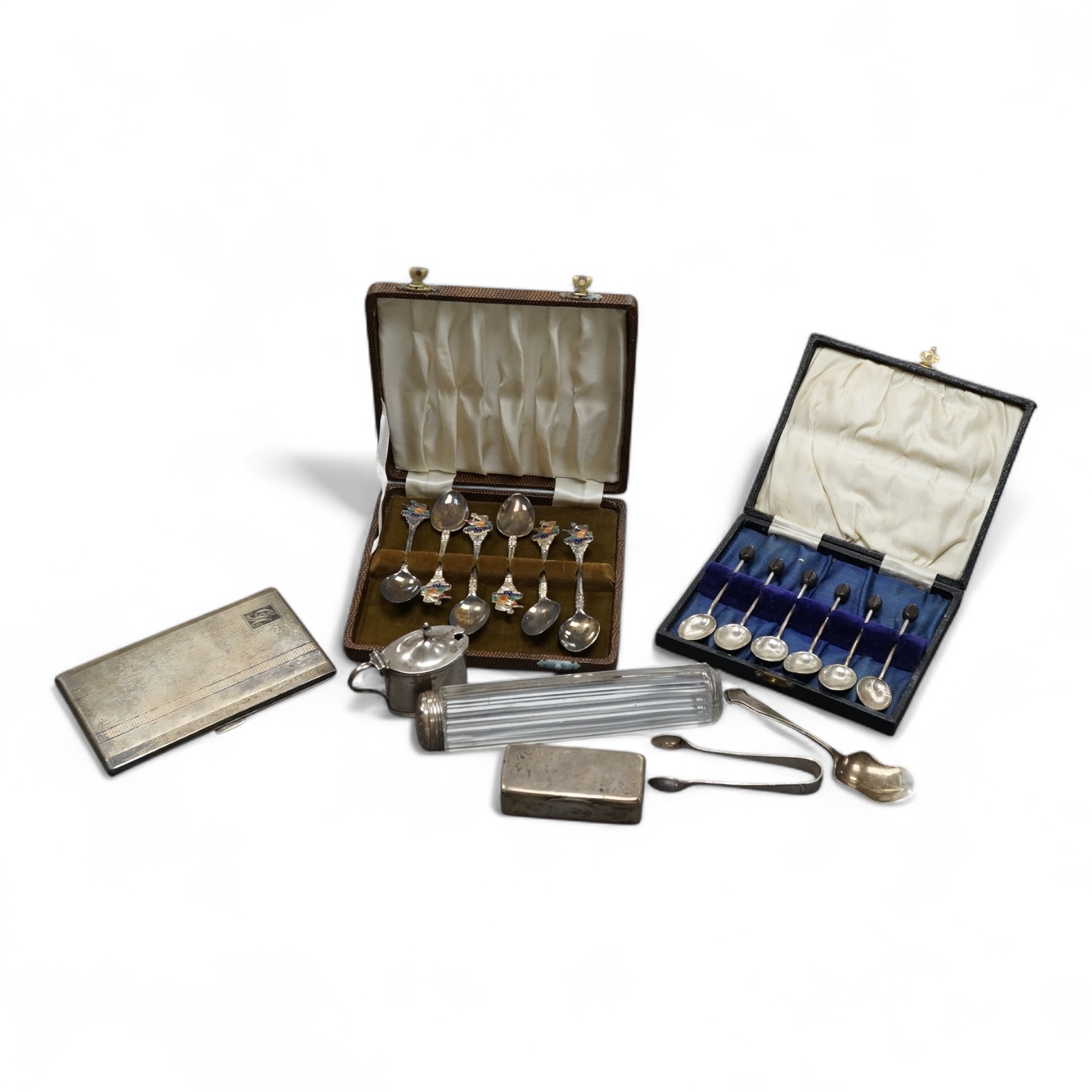 A group of small silver including a mid 19th century Russian 84 zolotnik rectangular snuff box(tired), 75mm, a cased set of six 20th century silver silver bean end coffee spoons, a pair of silver sugar tongs, a silver sp